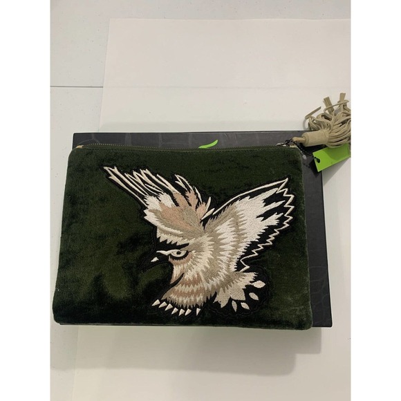 Sam Edelman Emerald Green Velvet Eagle Suede Embroidered Clutch Handbag NIB - Picture 5 of 8